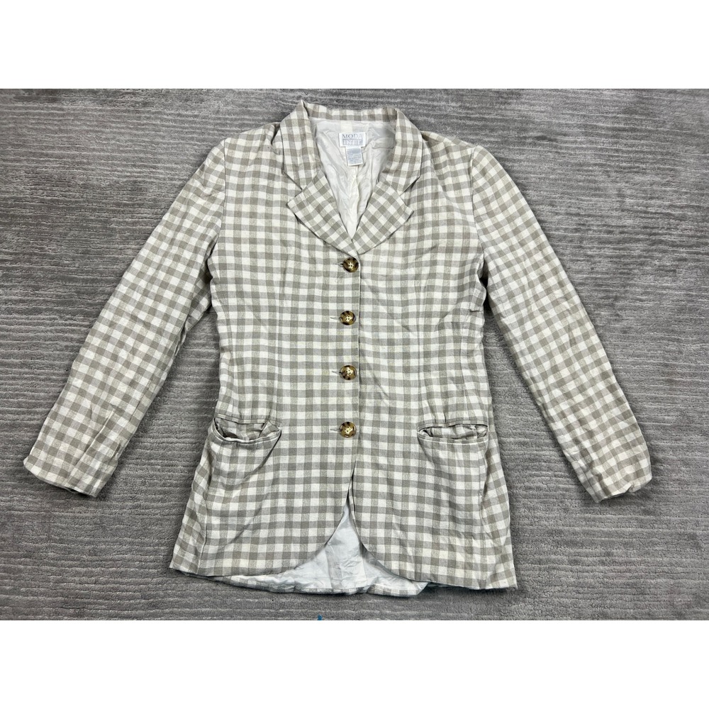 Moda International Blazer Womens 8 Tan White Gingham Silk Cotton Blend Button Up